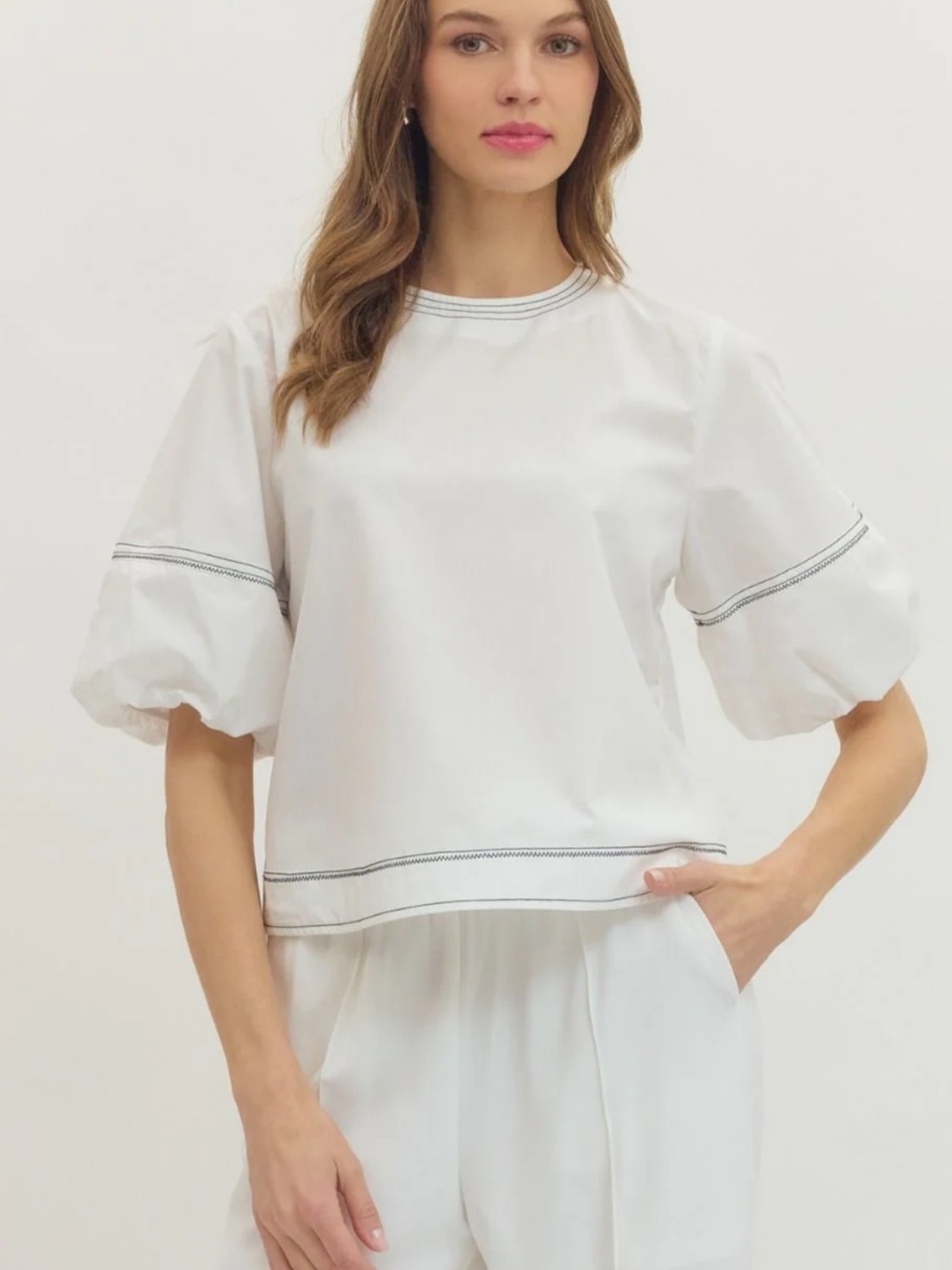 Zara White Puff Sleeve Blouse with Contrast Stitching